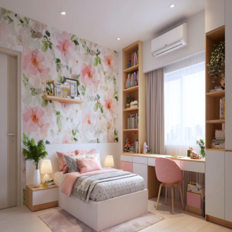 Modern Kids Room Design For Girls With Floral Wallpaper